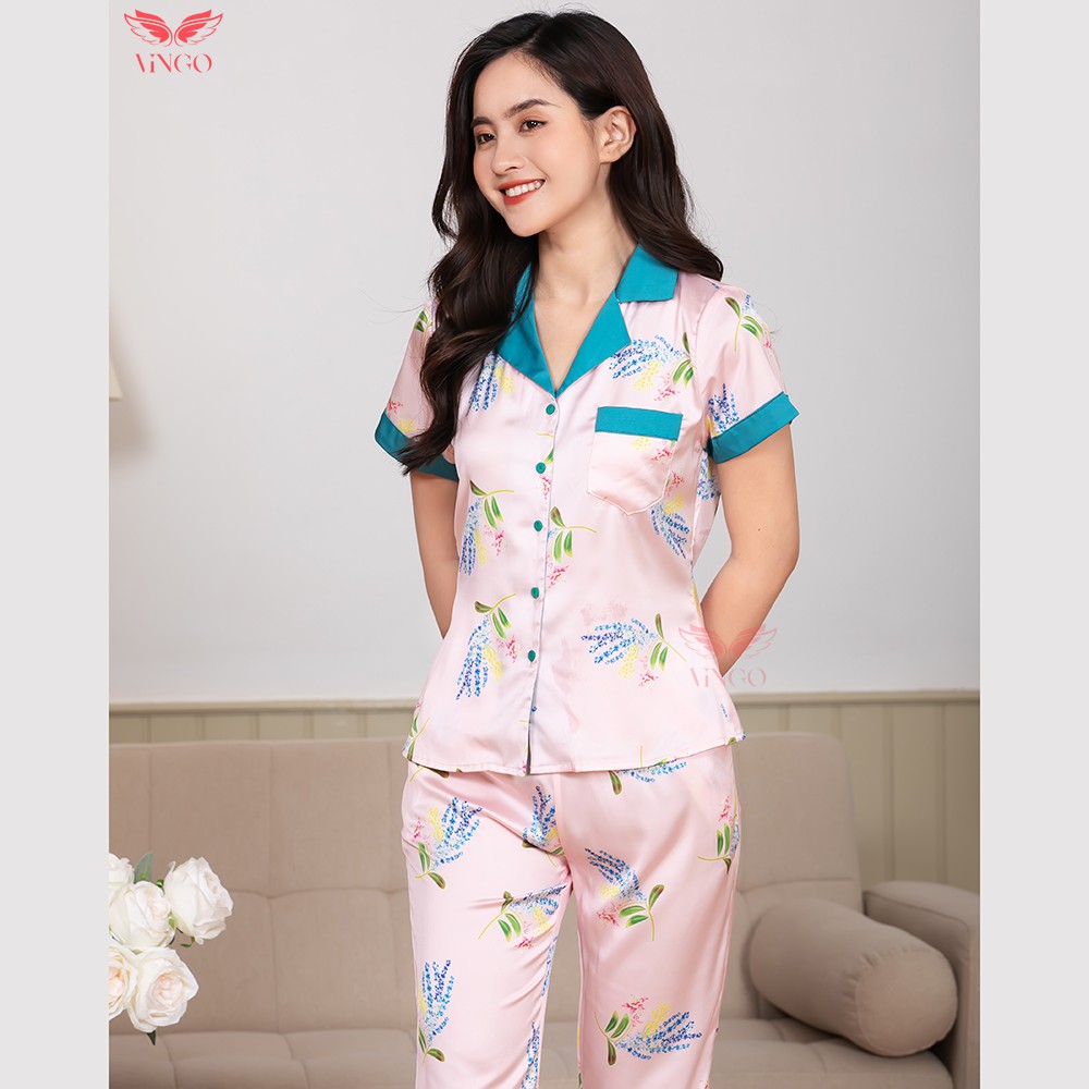 Đồ Bộ Ngủ Nữ Pijama Mặc Nhà VINGO Lụa Pháp Tay Ngắn Quần Dài Họa Tiết Hoa Lavender Trang Nhã Sang Trọng H142 VNGO
