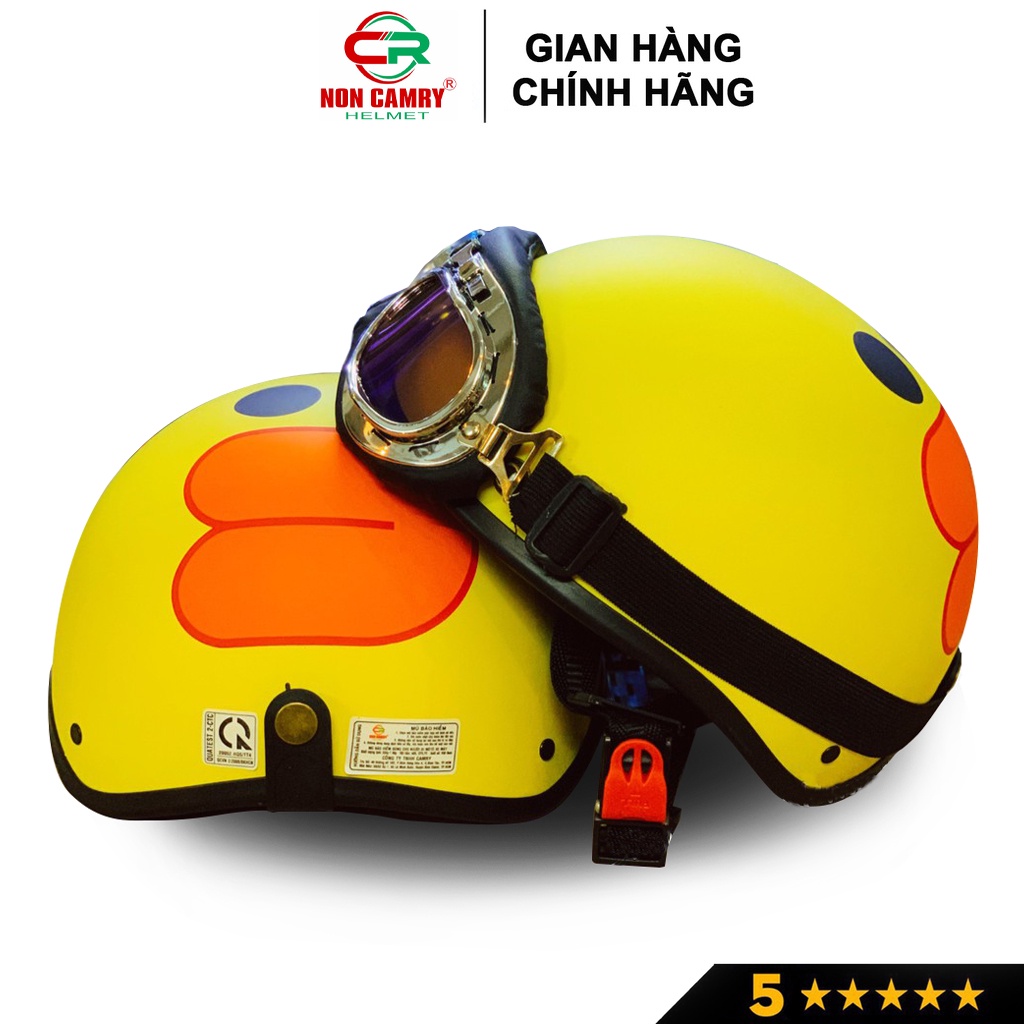 Nón bảo hiểm lưỡi chai 1/2 Camry, tem hình vịt vàng dễ thương, kèm kính phi công, kính uv