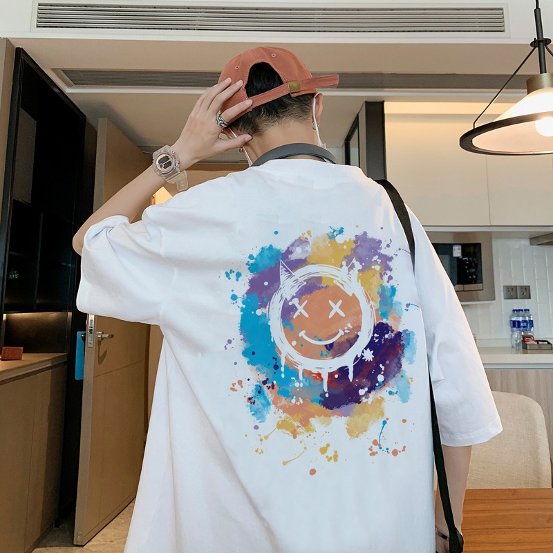 Áo thun tay ngắn dáng rộng in hình mặt cười phong cách mùa hè thời trang cho nam