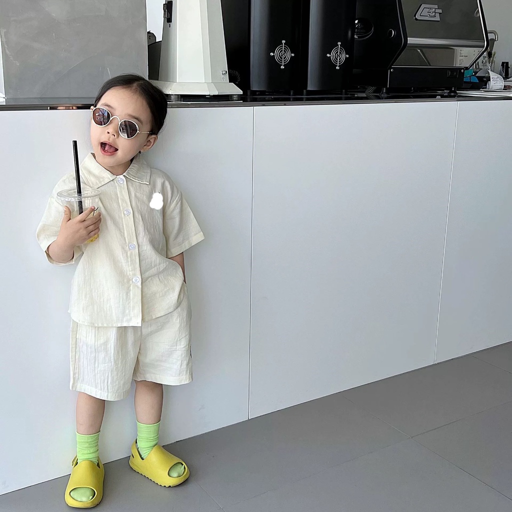 Bộ Quần Đùi Áo Sơ Mi Trẻ Em Cho Bé Trai Và Bé Gái Chất Liệu Vải Đũi Mềm Mịn Thoáng Mát Anh Store