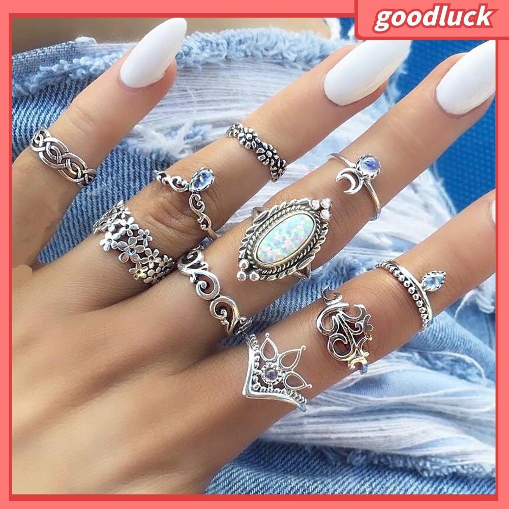 Bộ 10 nhẫn đeo đốt ngón tay đính đá mắt mèo giả thời trang cho nữ