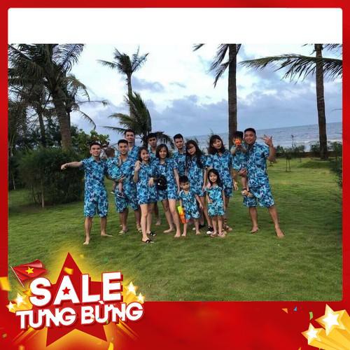 Áo nhóm 🎀FREESHIP🎀 Áo sơ mi và quần đi biển dã ngoại hoa lá cây dừa lá cọ màu xanh - DB3 - Hàng nhập khẩu