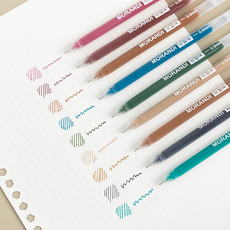 Set 9 bút gel Morandi nét 0.5mm nhiều màu, bút viết nét mượt cho học sinh, văn phòng