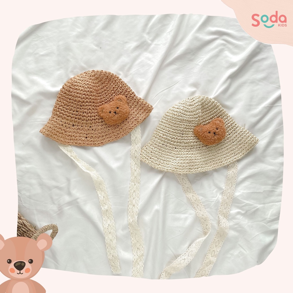 Mũ cói trơn buộc dây đính gấu nâu 9-24m
