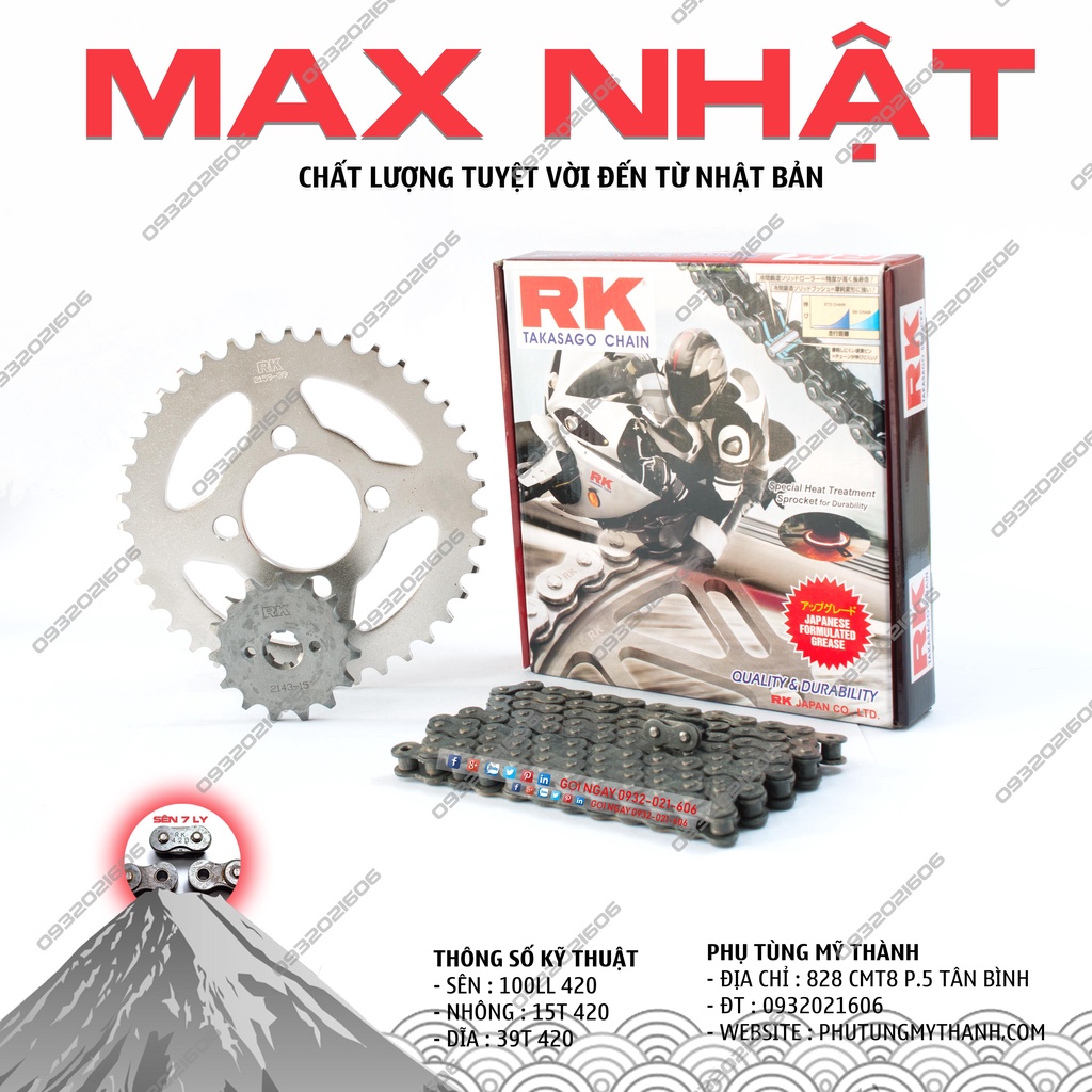 Nhông sên dĩa RK Takasago - Sên đen 420SB  chính hiệu