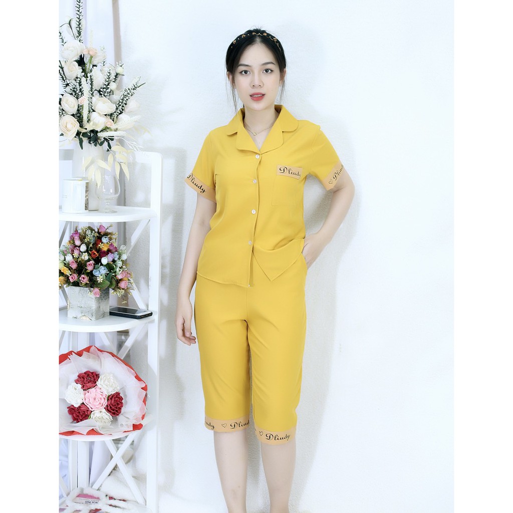 Set đồ bộ pijama nữ Lửng L2 VÀNG tay ngắn , quần lửng in chữ ký đơn giản sang chảnh