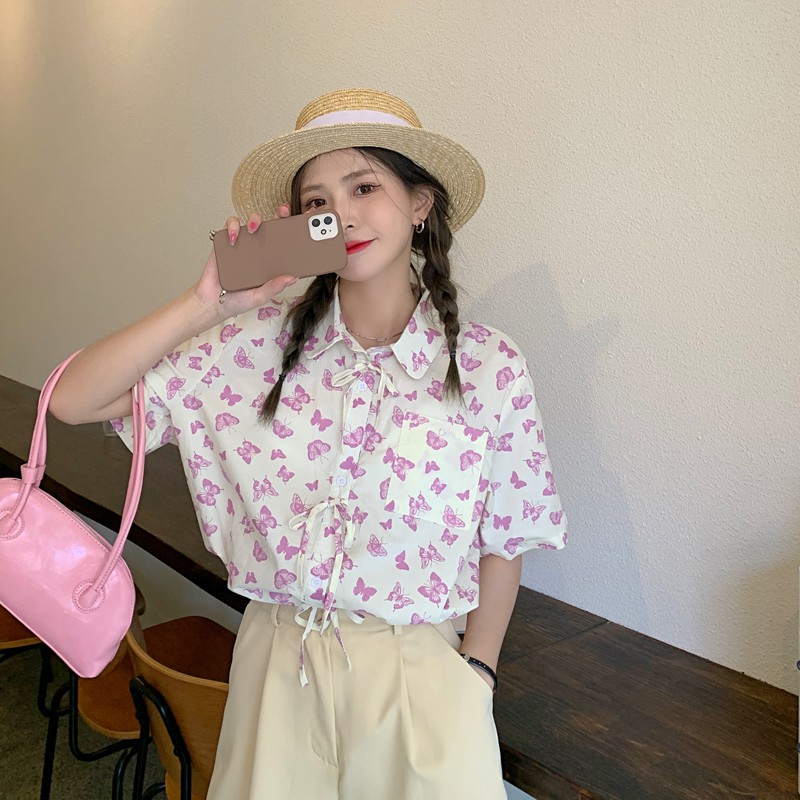 Áo Sơ Mi Ngắn Tay Dáng Rộng In Hình Bướm Xinh Xắn Thời Trang Mùa Xuân Cho Nữ