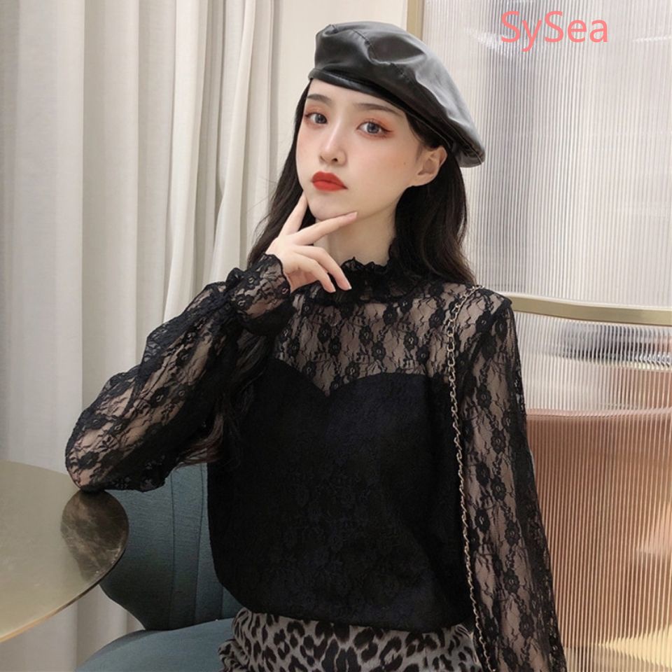 Áo nhung dài tay phối ren thời trang cho nữ