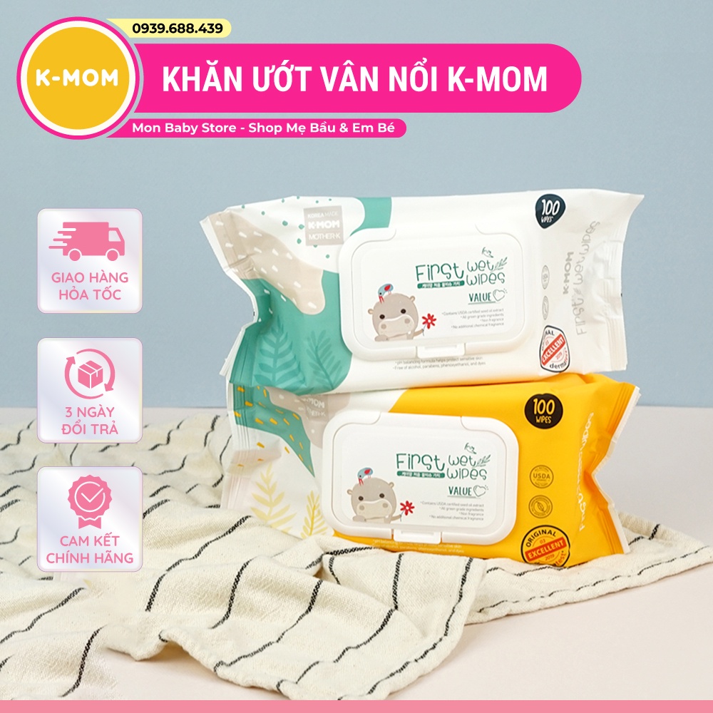[Chính Hãng] Khăn ướt cao cấp K-Mom Hàn Quốc First Wet Wipes vân nổi (100c) – Khăn giấy ướt Kmom không mùi cho bé