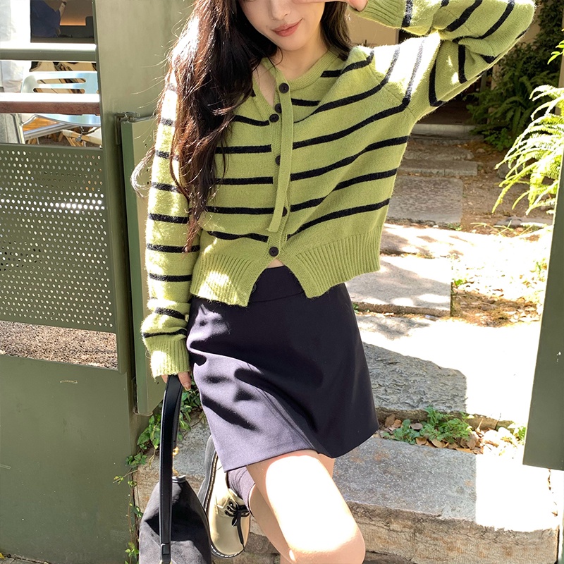 Áo cardigan ZHELIHANGFEI dệt kim tay dài lưng cao kẻ sọc thiết kế quyến rũ cá tính