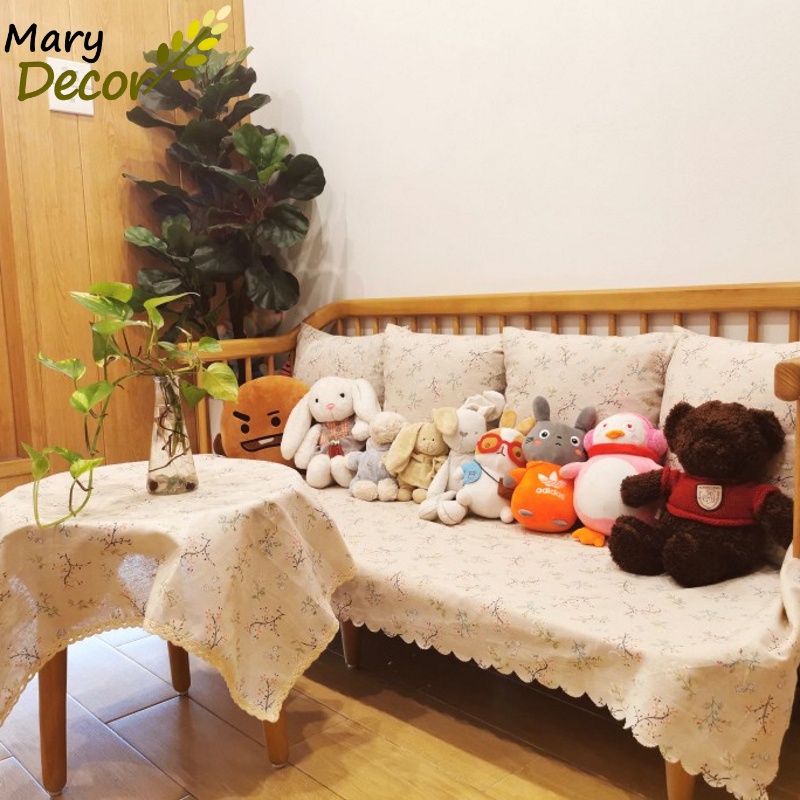 Khăn trải bàn vintage Mary Decor Quà tặng, trang trí bằng vải bố linen đẹp - họa tiết Dây hoa nhí - KB-G03
