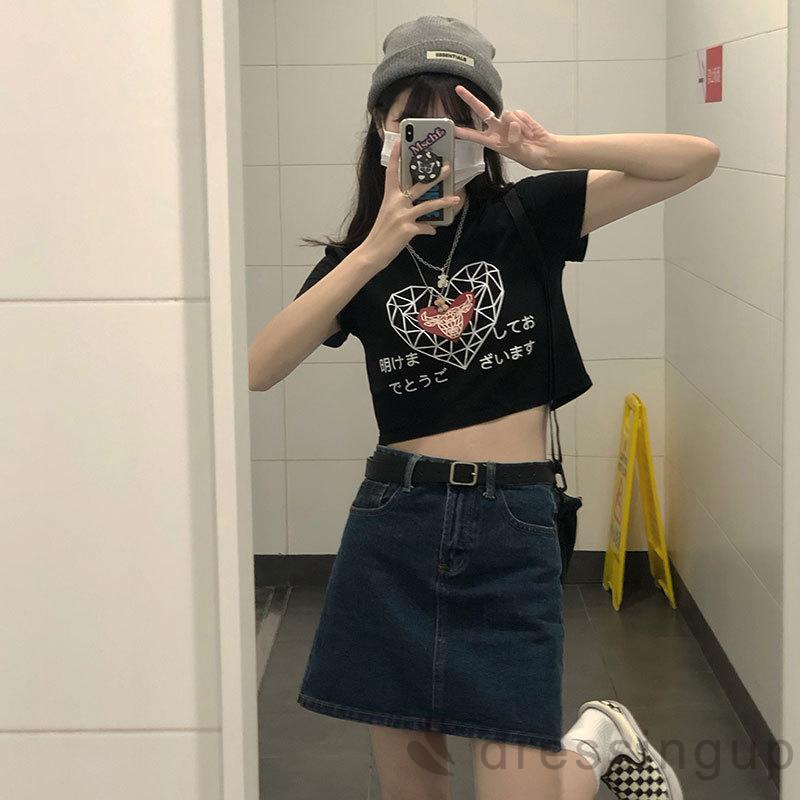 ◕‿◕Áo Thun Croptop Tay Ngắn Cổ Tròn In Hình Trái Tim Thời Trang Mùa Hè Cho Nữ