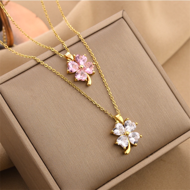 Vòng cổ Thép Titan Mặt Cỏ Bốn Lá Dát zircon Đơn Giản Nhẹ Nhàng Sang Trọng Cho Nữ
