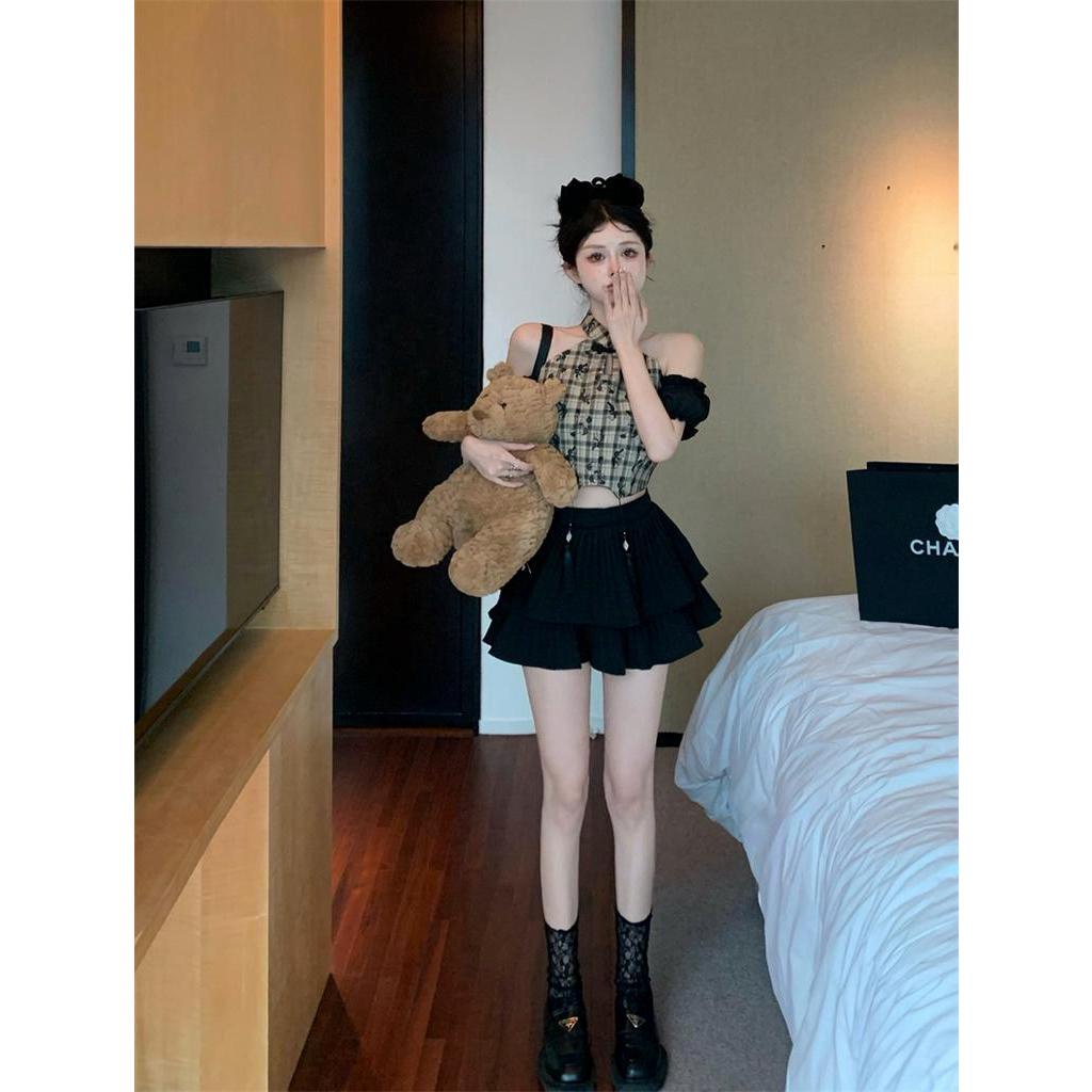 Áo Thun Ngắn Tay Cổ Đứng Họa Tiết Kẻ Ô vintage