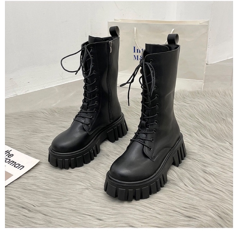 Giày Boot ulzzang bốt nữ cao cổ buộc dây kéo khóa đế cao 6cm màu đen/kem | BigBuy360 - bigbuy360.vn