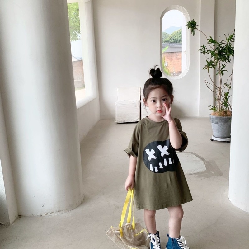 Đầm thun ngắn tay in họa tiết thời trang mùa hè cho bé gái