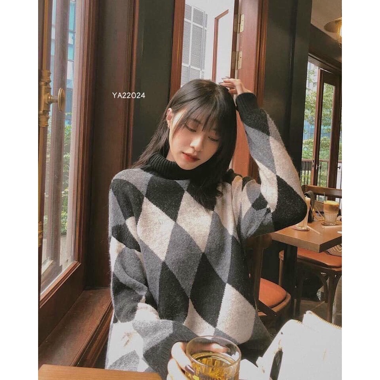 Áo len cổ lọ nữ, áo len nữ form rộng cổ lọ họa tiết hình thoi hàng loại 1 chất len mềm mịn tông màu xinh style hàn quốc | BigBuy360 - bigbuy360.vn