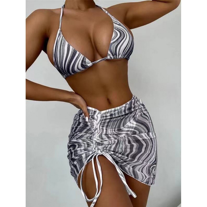 Bộ Đồ Bơi Bikini 3 Mảnh Phối Lưới Họa Tiết Kẻ Sọc Thời Trang Quyến Rũ Cho Nữ