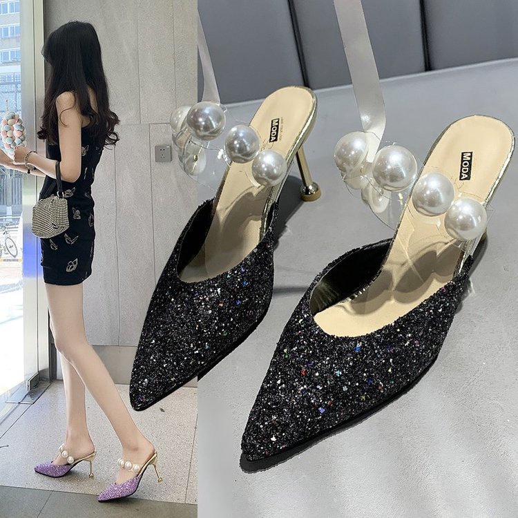 Dép cao gót mũi nhọn đính kim sa và ngọc trai lấp lánh thiết kế mới thời trang dành cho nữ
