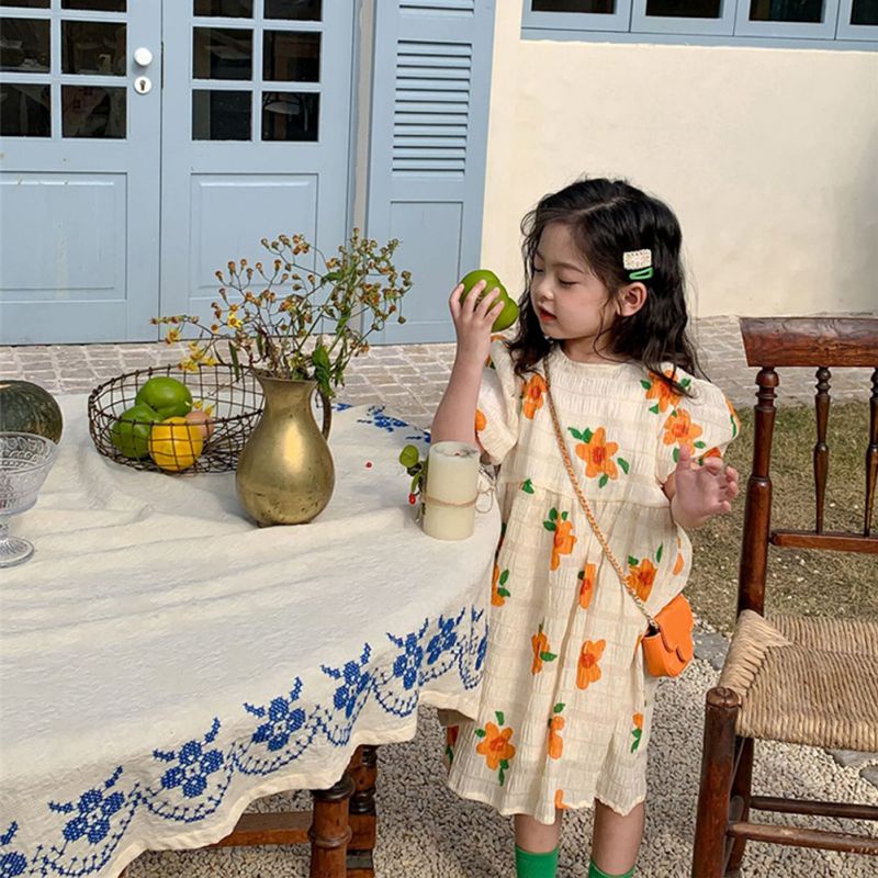 Đầm Maxi Xếp Ly Tay Phồng In Họa Tiết Hoa Nhí Xinh Xắn Thời Trang Cho Bé Gái