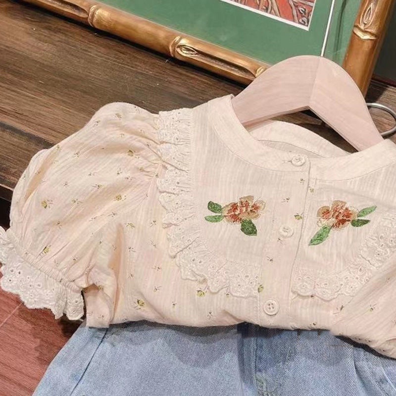 Set Áo Sơ Mi Ngắn Tay + Chân Váy Denim Họa Tiết Hoa Thời Trang Mùa Hè Cho Bé Gái