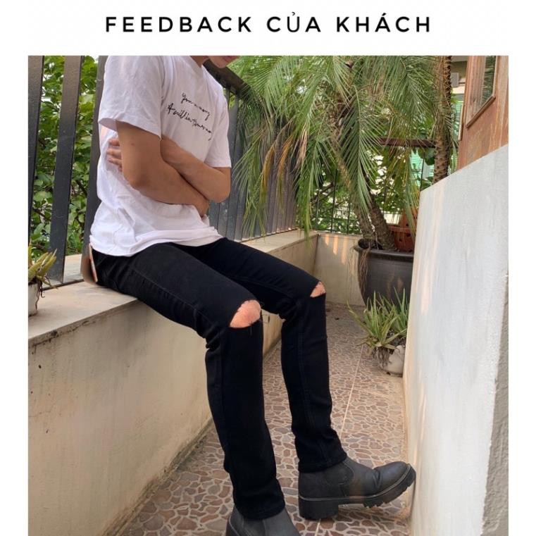 [Tiền Nào Của Đấy]Quần Jeans Nam Rách Gối Màu Đen Vải Co Giãn, Không Phai Màu Dáng Skinny Phong Cách Hàn Quốc -J02