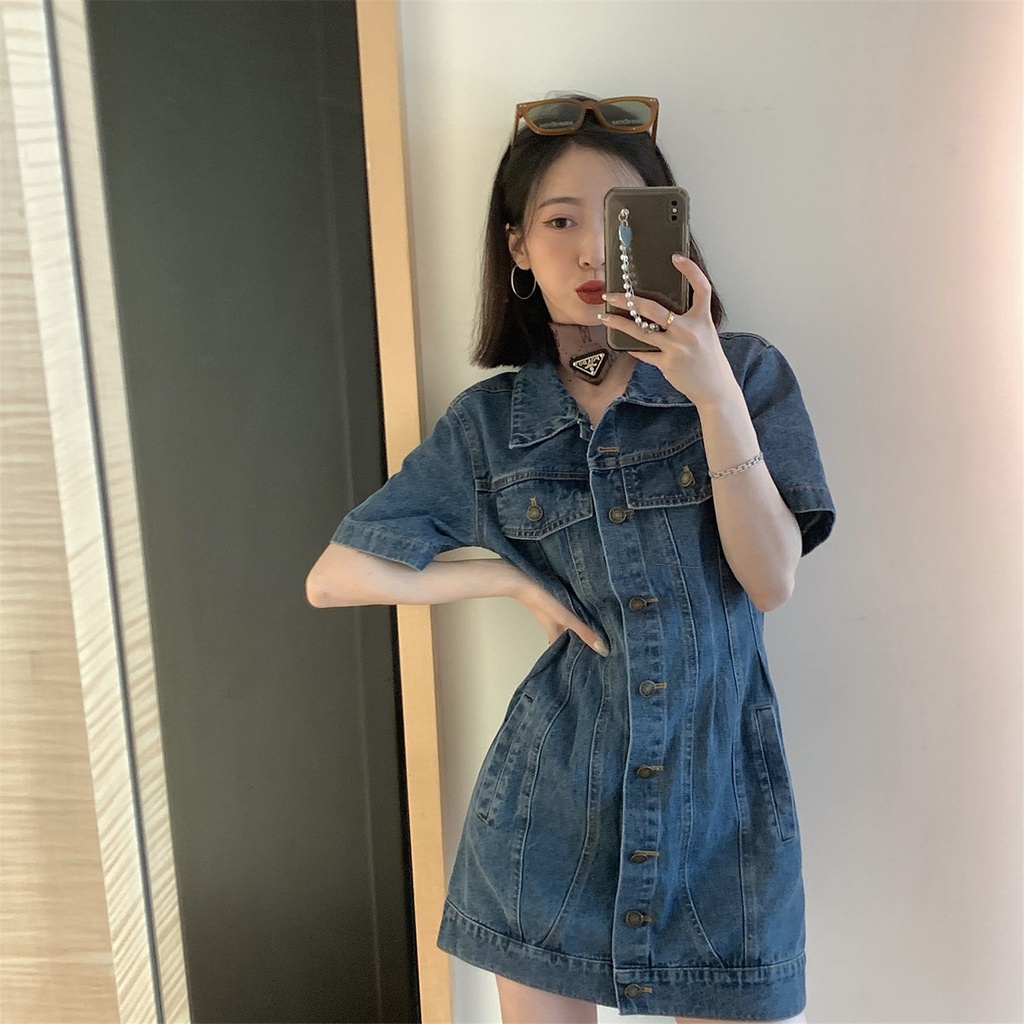 Đầm denim chiết eo thời trang mùa hè mới dành cho nữ 2021