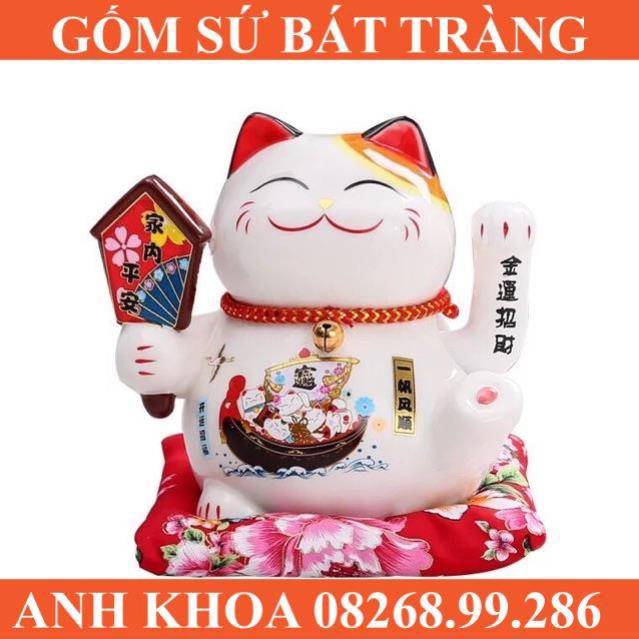 Mèo Thần Tài May Mắn Maneki Neko 16cm Vẫy Tay (Kèm Sạc Và Đệm) - Gốm sứ Bát Tràng Anh Khoa