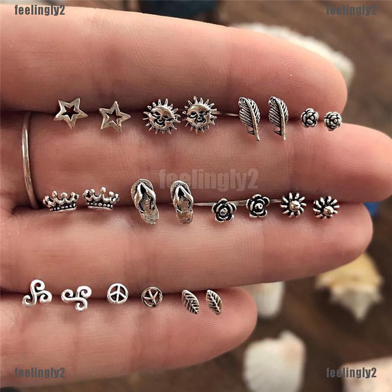 ❤Mặt Trời❤ Set 11 Đôi Bông Tai Đinh Tán Nhiều Hình Dạng Màu Bạc Cho Nữ