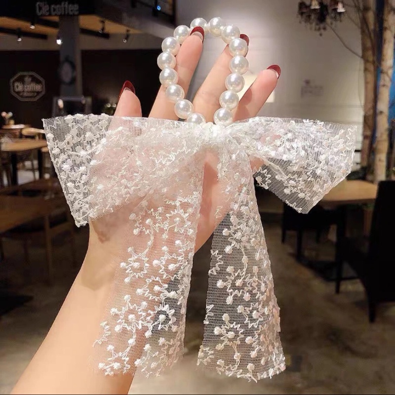 Dây Cột Tóc Nơ Ren Đính Ngọc Trai Lớn Kiểu Pháp Cổ Điển Cho Nữ