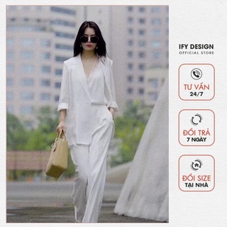 Set vest nữ | Áo vest nữ trắng, Quần suông ống rộng màu đen trắng IFY Design FS127