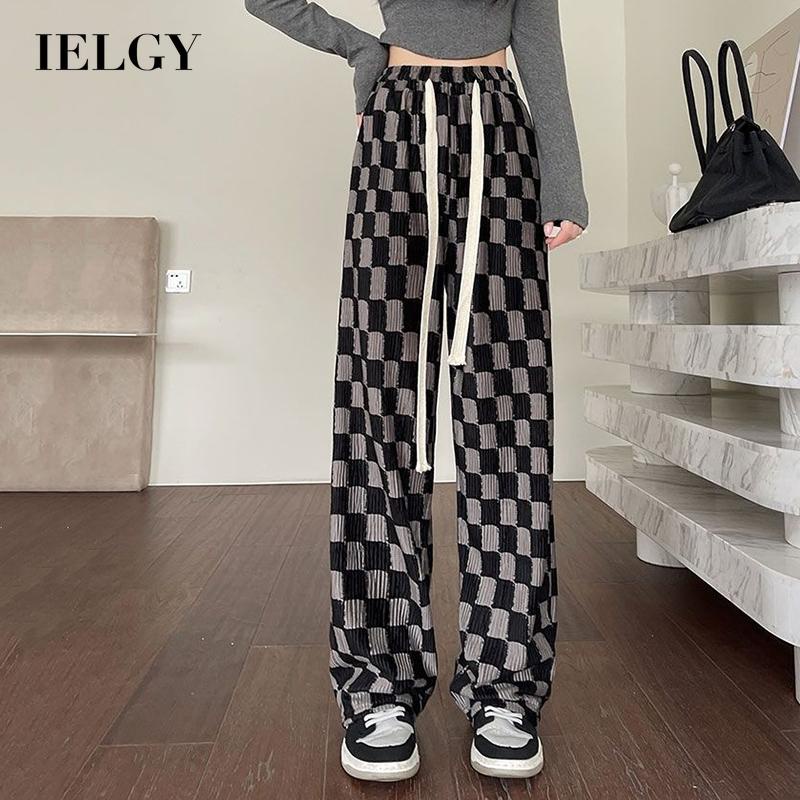 Quần dài IELGY eo cao in họa tiết caro thời trang cho nữ