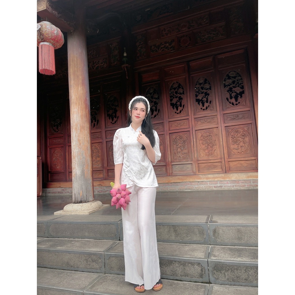 Đồ lam đi chùa nữ - Bộ lụa gấm Phật tử thiết kế vải mềm mịn # Mẫu cổ tàu vạt chéo xinh xắn # Set đi lễ KÈM QUẦN B42