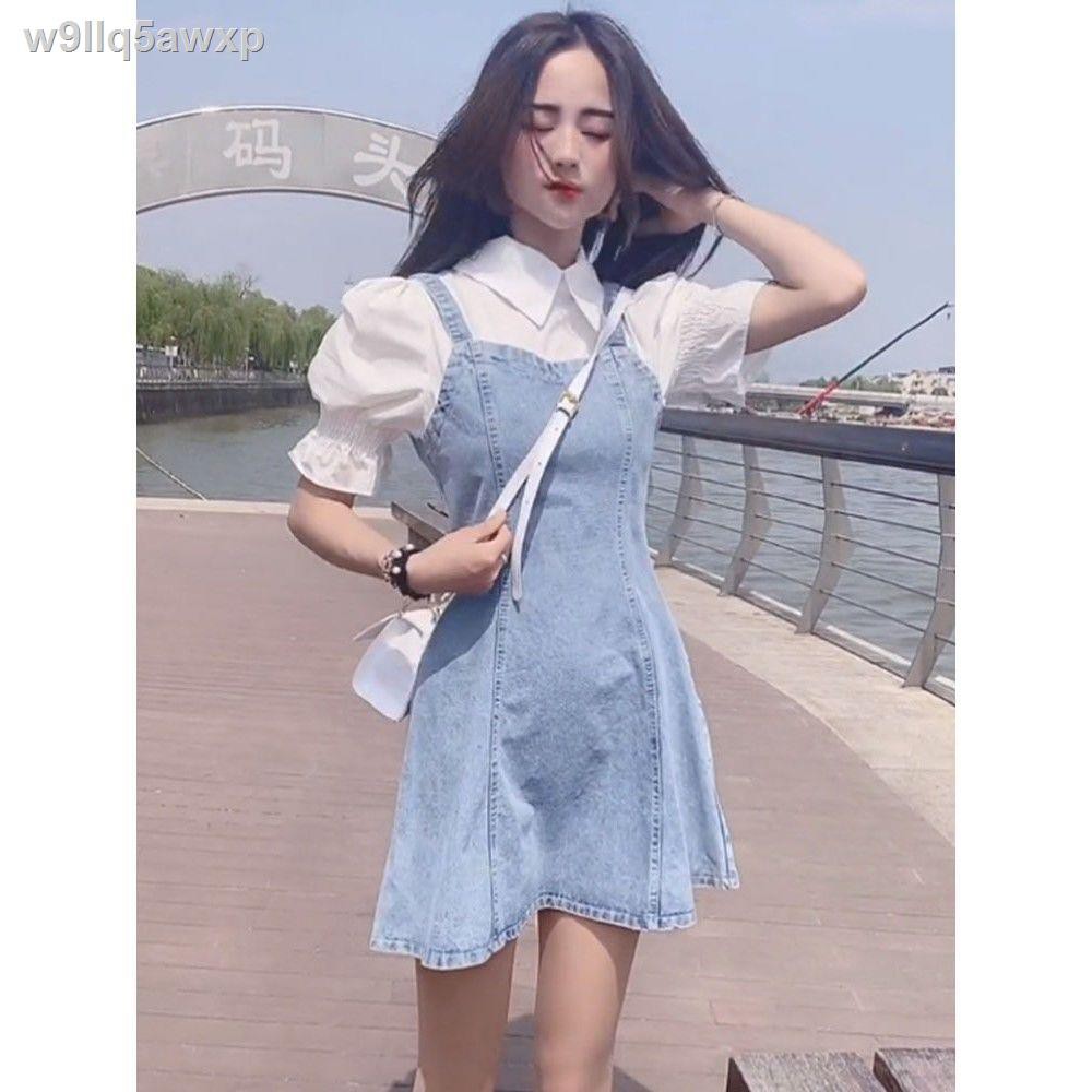 ✣☄May váy denim nữ cổ điển mùa hè 2021 xu hướng tích ngắn tay ngọt ngào mới của Pháp