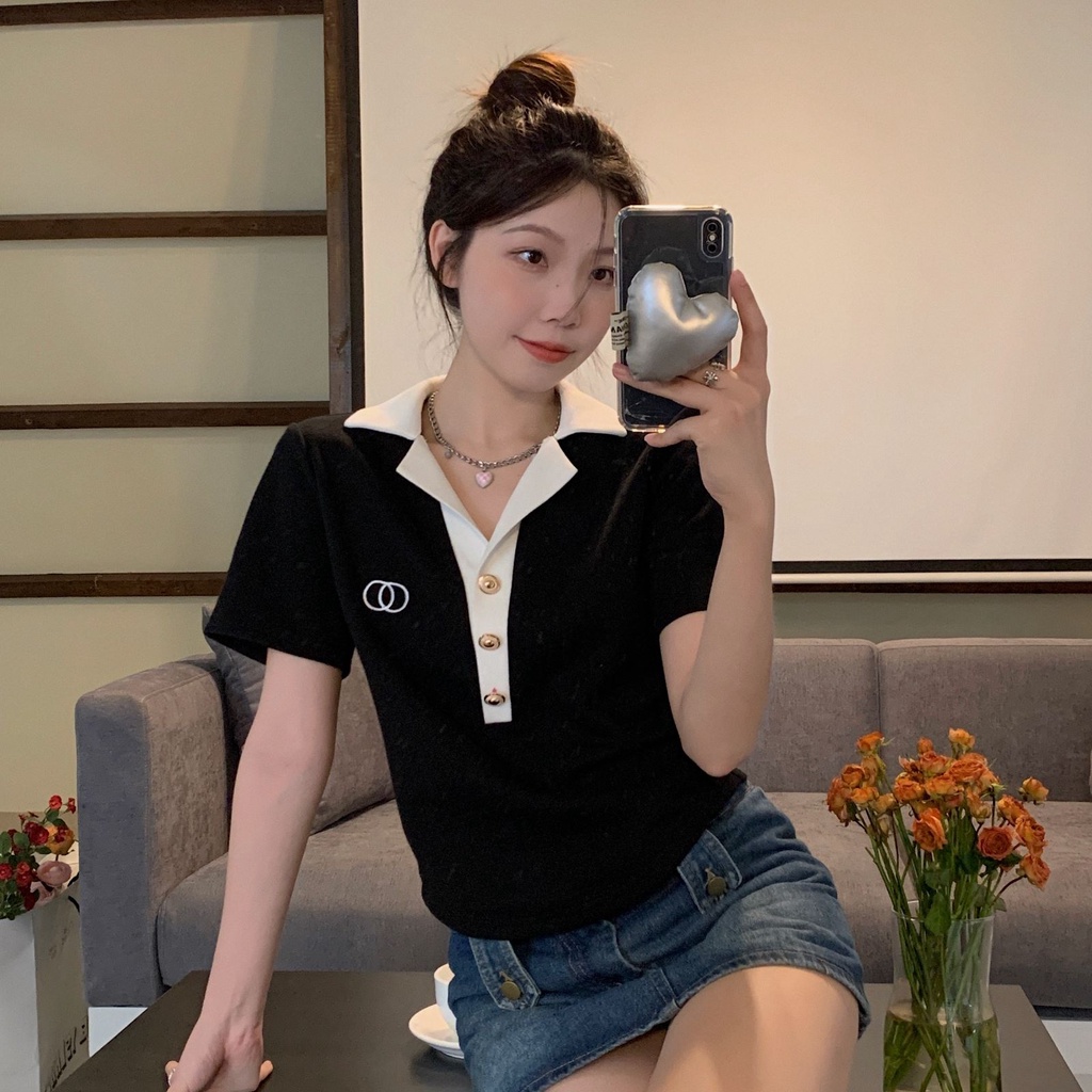 Áo thun polo dệt kim ZHELIHANGFEI tay ngắn dáng ôm dễ phối đồ thời trang cho nữ