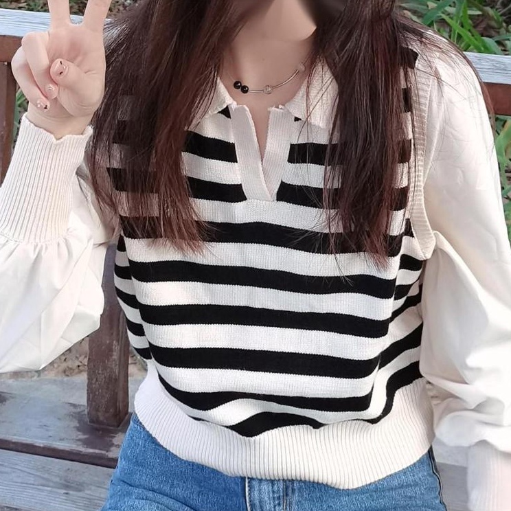 NZN Áo Thun polo Dài Tay Giả Hai Lớp Họa Tiết Kẻ Sọc Thời Trang Mùa Thu Hàn Quốc Mới Dành Cho Nữ