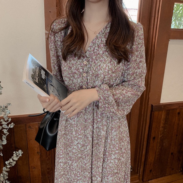 Đầm Midi Dài Tay Cổ Chữ V In Hoa Chất Liệu Chiffon 31638