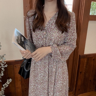 Đầm midi dài tay cổ chữ v in hoa chất liệu chiffon 31638