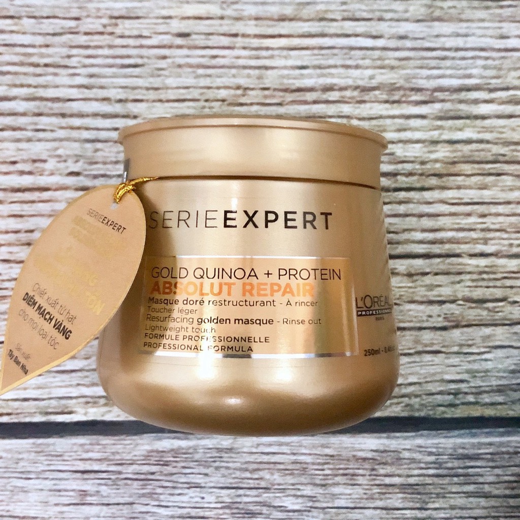 Hấp dầu nhũ vàng phục hồi tóc hư tổn nặng L'ORÉAL Serie Expert Gold Quinoa + Protein Absolut Repair 250ml