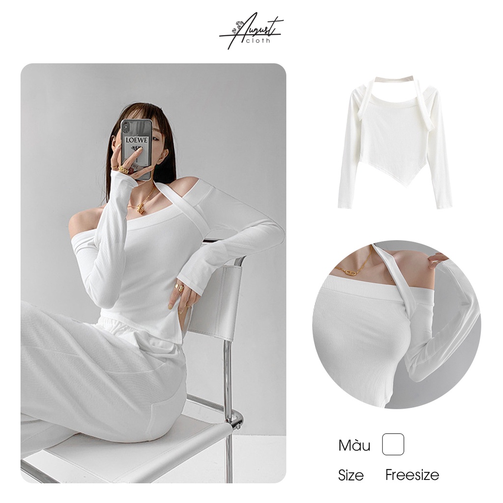[Augustcloth]Áo croptop vải gân trễ vai tay dài trắng phong cách Hàn Quốc