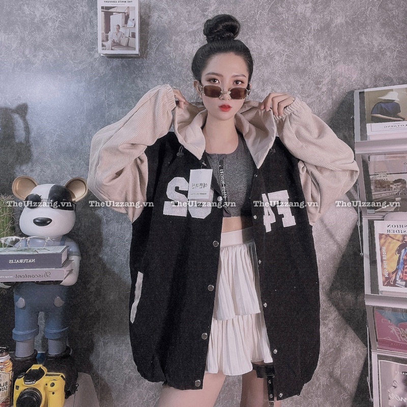 Áo khoác nhung tâm nút bấm form rộng nam nữ hàng quảng châu thêu AM F462 NÓN - NT1005