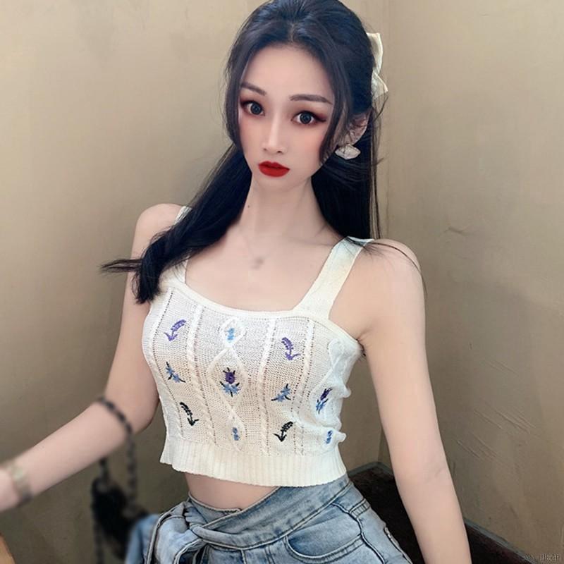 Áo Hai Dây Dệt Kim Thêu Hoa Xinh Xắn Cho Nữ