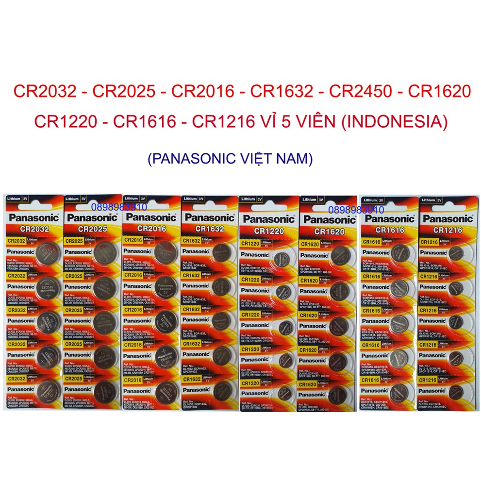 Pin CR2032 - CR2025 - CR2016 - CR1632 - CR2450 - CR1620 - CR1220 - CR1616 - CR1216  vỉ 5 viên - Xuất xứ Indonesia