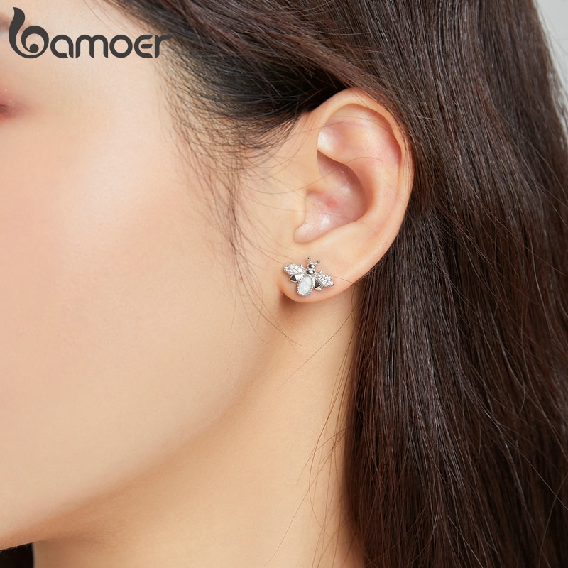 Đôi Bông Tai Cao Cấp Bamoer SCE1021 Dành Cho Nữ Bằng Bạc Thật 925 Thiết Kế Hình Con Ong Đính Đá Opal Xinh Xắn
