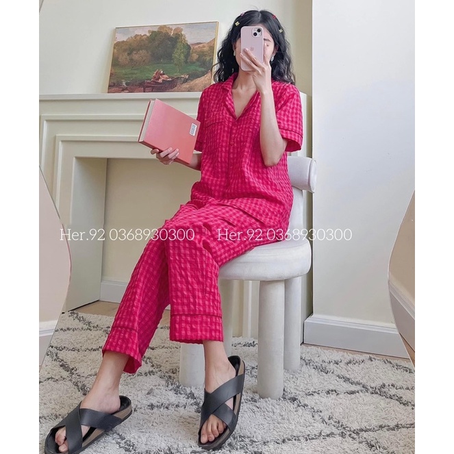 Bộ Pijama Hoạ Tiết Kẻ Ô Chất Đũi Mềm Siêu Thích Hàng Thiết Kế Cao Cấp Đồ Ngủ Nữ Mặc Nhà