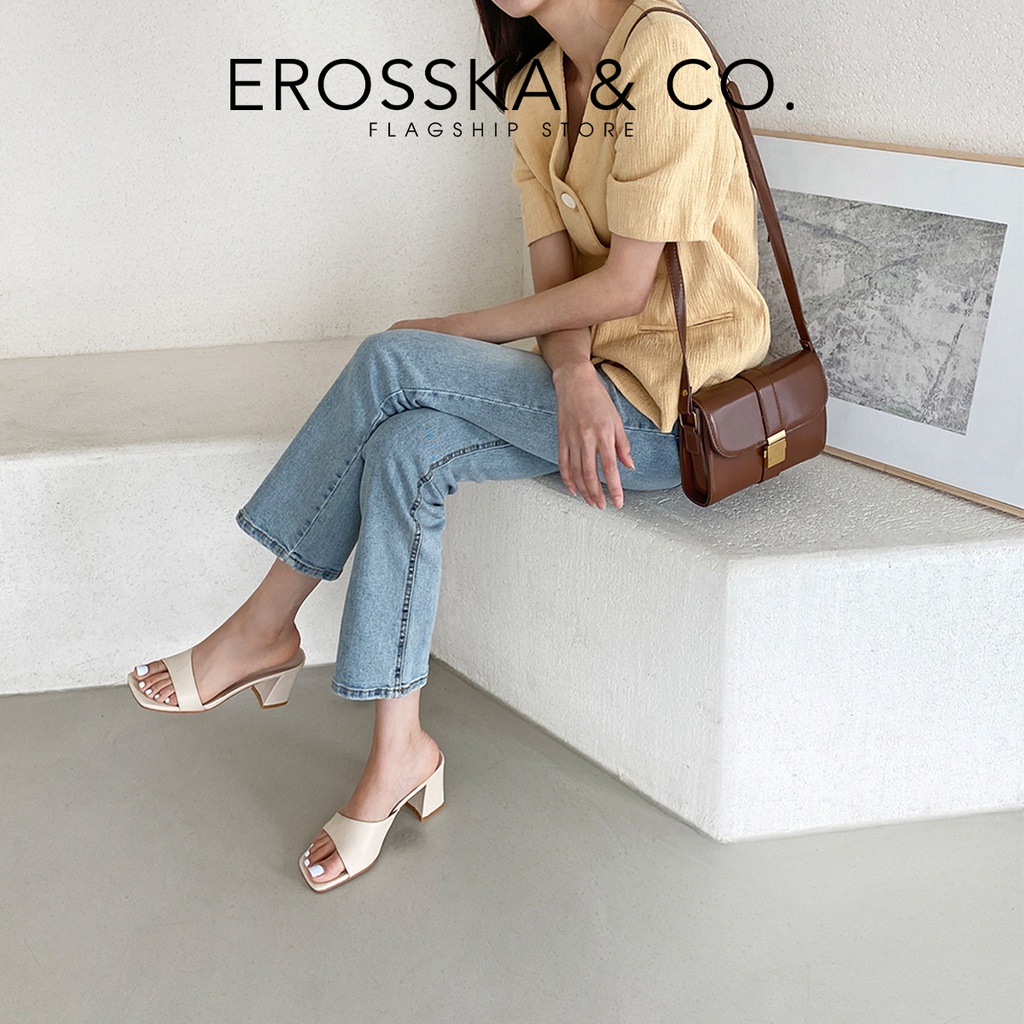 Erosska - Dép cao gót mũi vuông kiểu dáng Hàn Quốc đơn giản cao 7cm màu nude - EM084