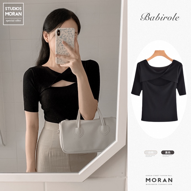 (ORDER) Áo sơ mi thun tay lỡ khoét hở ngực ôm body style MORAN sang trọng thanh lịch Hàn Quốc (HÀNG_ORDER)
