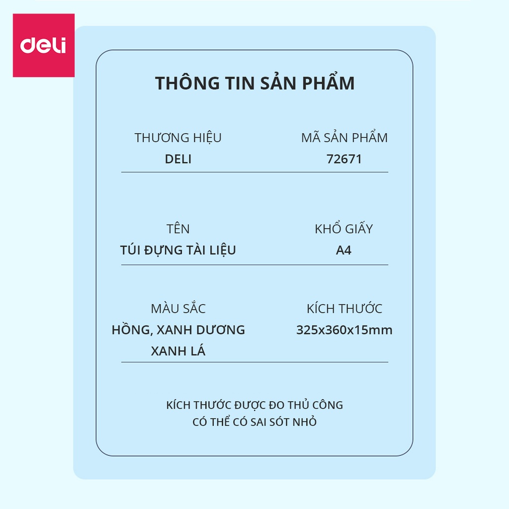 [Mã LIFEDE10 giảm 8% đơn 99K] Túi đựng tài liệu học sinh Deli khổ A4 - màu Hồng / Xanh lá / Xanh dương - 1 chiếc - 72671