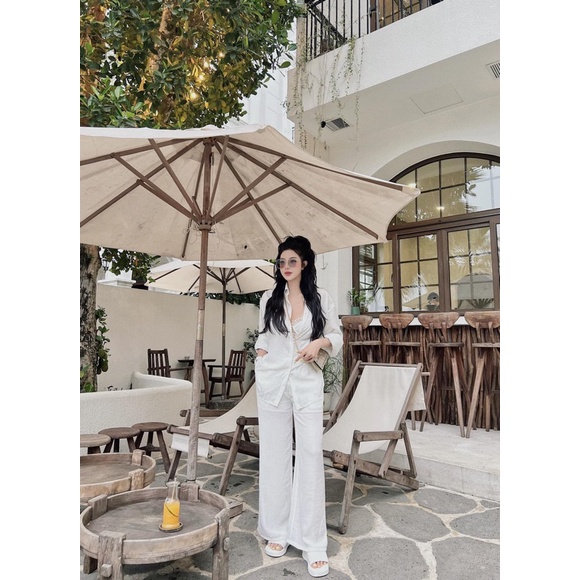SET áo sơ mi quần ống rộng vải đũi trắng MIX đồ đi chơi cực sang - Chất vải đũi mặc vừa nhẹ vừa mát