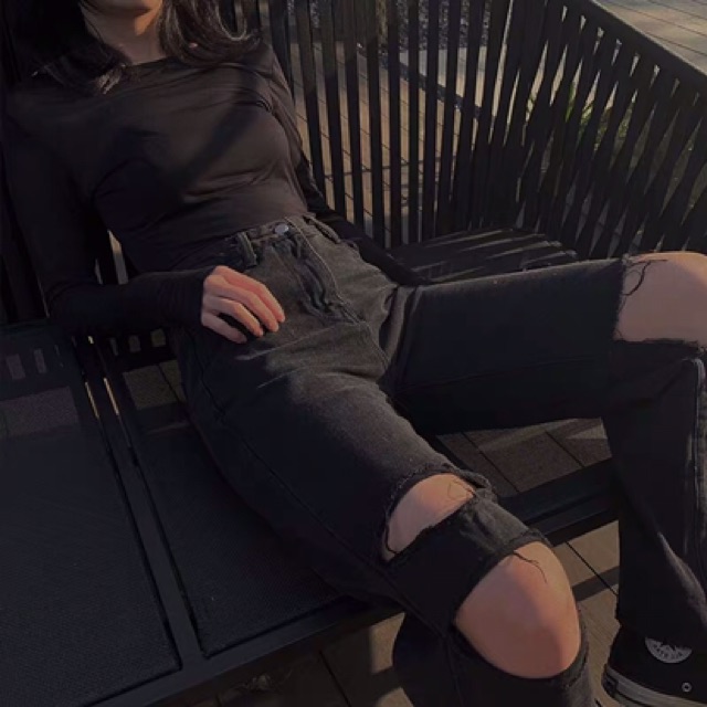 [ORDER Quần jeans rách ống rộng màu đen eo cao Ulzzang siêu chất ❤️ | BigBuy360 - bigbuy360.vn